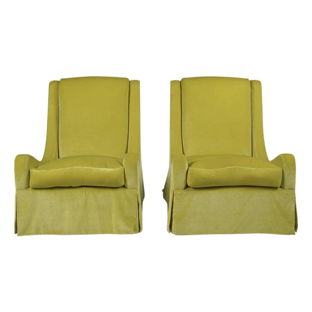 Pair of Modern Chartreuse Velvet Swivel Down Slipper Chairs For Sale