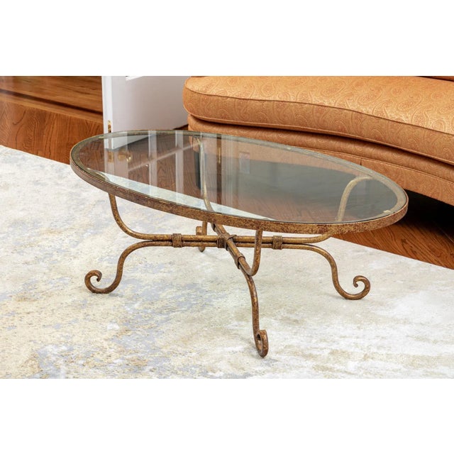 Traditional Late 20th Century Vintage Gilt Iron and Glass-Top Oval Cocktail Table For Sale - Image 3 of 9