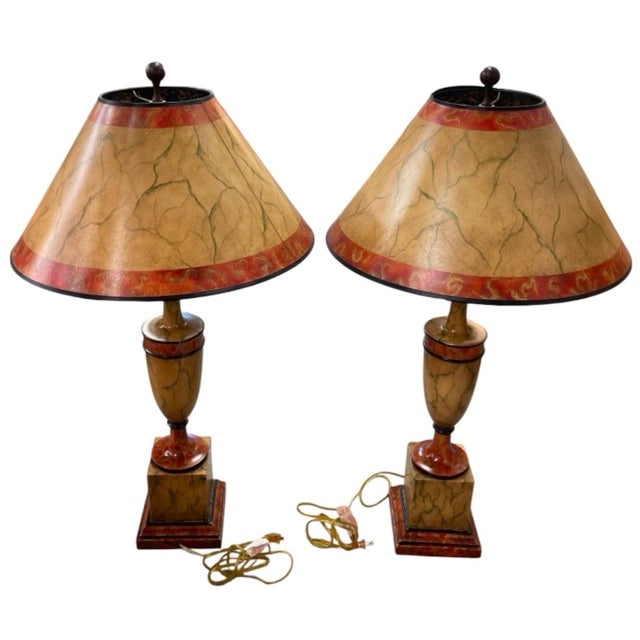Vintage Neoclassical Faux Marble Painted Wooden Table Lamps With Matching Shades - a Pair For Sale In West Palm - Image 6 of 12