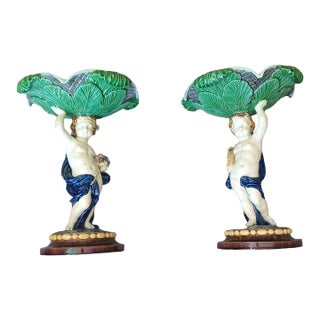 Vintage Pair of Majolica Pottery Cherub Compotes Signed Ts For Sale