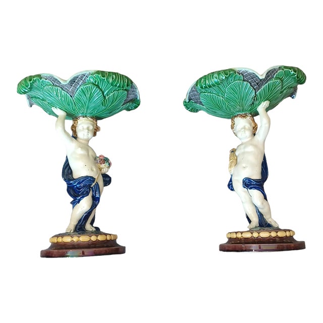 Vintage Pair of Majolica Pottery Cherub Compotes Signed Ts For Sale