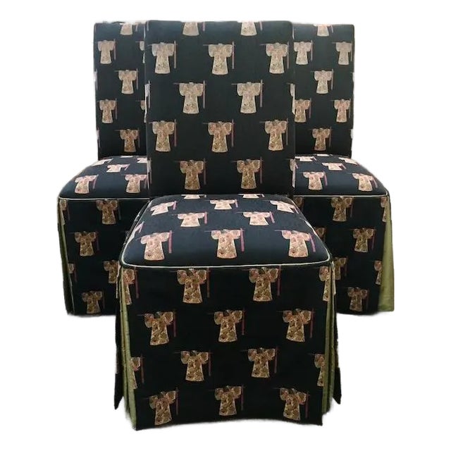 Set of Five Parson Style Custom Chairs With Asian Upholstery, Skirted Bottom With Silk Inner Lining. For Sale