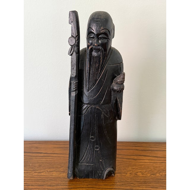 Large Antique Early 20th Century Chinese Wooden Shou Zing Statue, the Chinese God of Longevity For Sale - Image 9 of 12