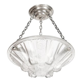 1930s Stunning Art Deco Cubist Detailed Molded Glass Chandelier Signed Muller Freres For Sale