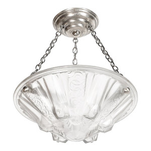 1930s Stunning Art Deco Cubist Detailed Molded Glass Chandelier Signed Muller Freres