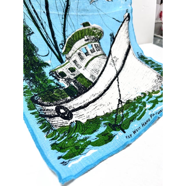 1960s Vintage Key West Hand-Printed Linen Towel – Suzie Zuzek Shrimp Boat Coastal Nautical 1960s For Sale - Image 5 of 10