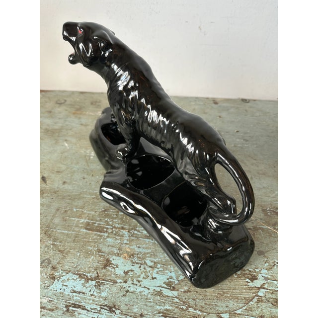 Mid-Century Modern Vintage Ceramic Black Panther on Log Planter For Sale - Image 3 of 11