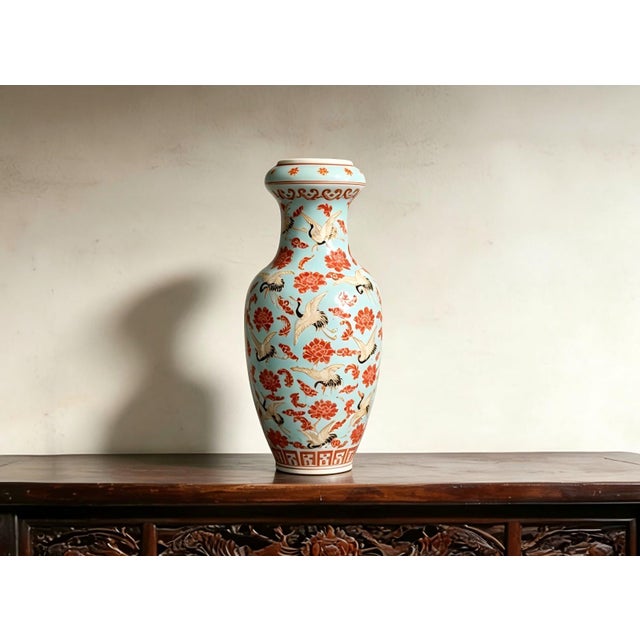 Chinese Ceramic Vase,Kangxi Marked Famille Rose Porcelain Vase Hand Painted Cranes and Flowers Pattern For Sale - Image 4 of 11