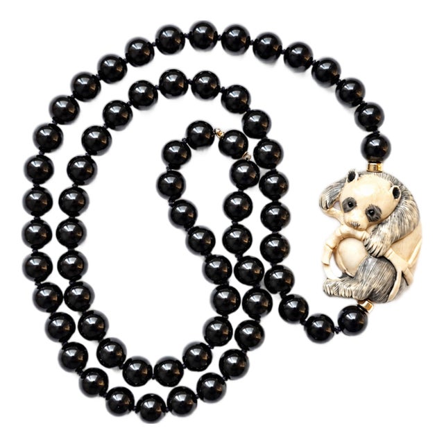 Vintage Onyx 14k Gold Necklace With Antique Ivory Panda Netsuke For Sale