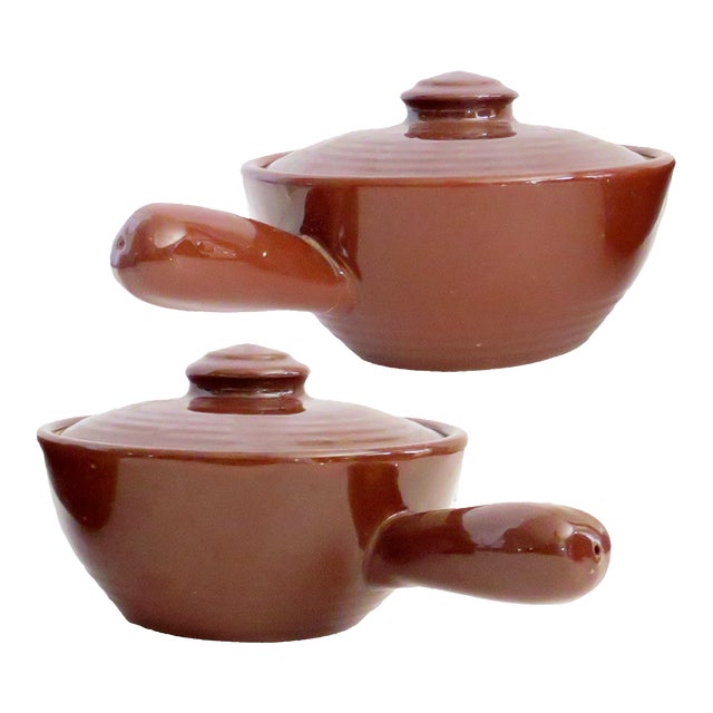 Mid-Century Brown Glazed Ribbed Earthenware Handled Soup Bowls With Lids, Pair For Sale