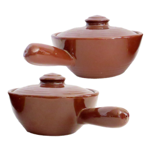 Mid-Century Brown Glazed Ribbed Earthenware Handled Soup Bowls With Lids, Pair