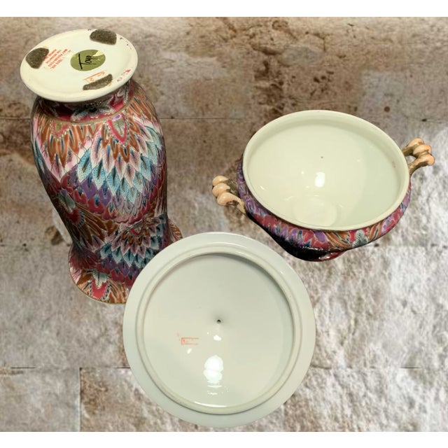 Toyo Pink Peacock Feather Pattern Porcelain Vase Container Set- A Pair For Sale - Image 16 of 18