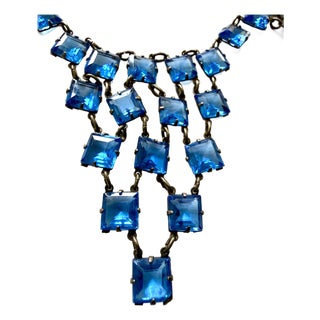 Antique Czech Glass 1920s Art Deco Cascading Sterling Silver Prong Set Blue Necklace For Sale