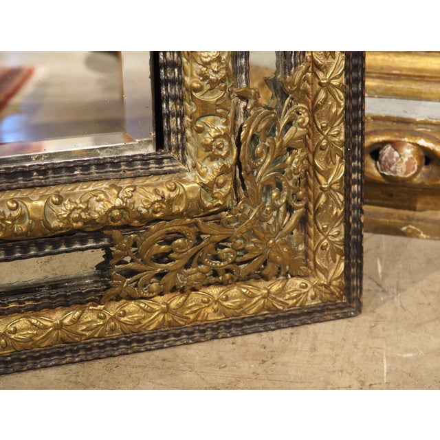 French Circa 1860 Ebonized and Brass Repousse Louis XIV Style Parclose Mirror For Sale - Image 3 of 18