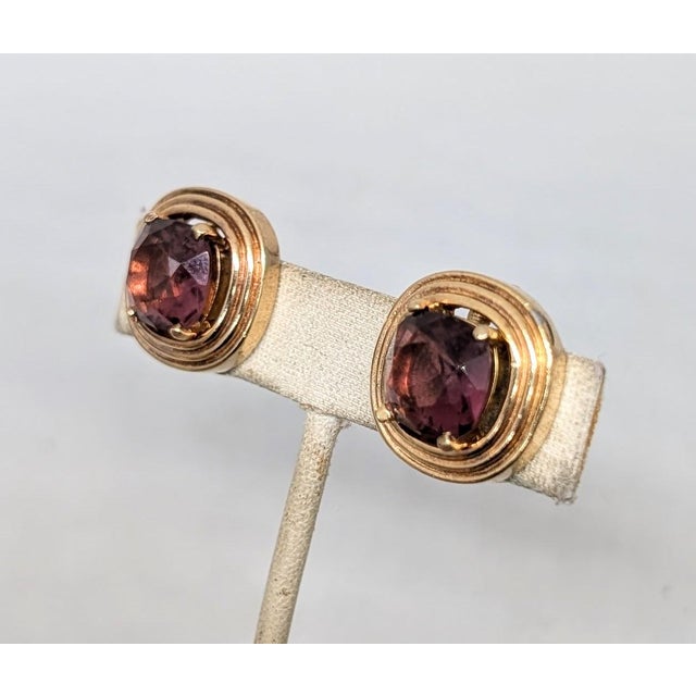 Metal Vintage 1980s Signed Henkel & Grosse Goldtone Faux-Amethyst Clip Earrings-2 Pieces For Sale - Image 7 of 10