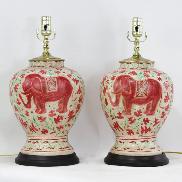 Pair of Vintage Brunschwig & Fils Cadiz Table Lamps - Red and Cream Ceramic With Elephant and Camel Motif For Sale - Image 13 of 13