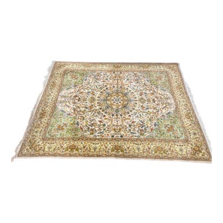 Handmade in India Floral Wool Silk Rug Neutral Palette For Sale