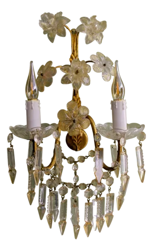 Italian Gilt Metal Two-Light Sconce with Crystal Glass Flowers and Prisms, 1970s