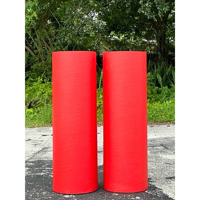 Late 20th Century Vintage Boho Grasscloth Cylinder Pedestals - a Pair For Sale - Image 5 of 8