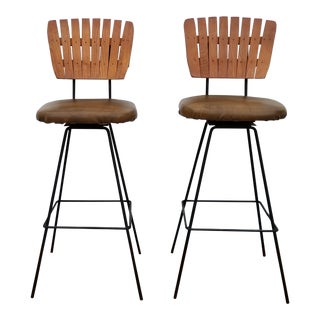 1950s Vintage Arthur Umanoff Wood Slat & Vinyl Swivel Bar Stools- a Pair For Sale