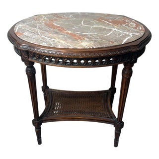 Early 20th Century Neoclassical Italian Walnut Side Table With Marble Top and Vienna Straw Shelf For Sale