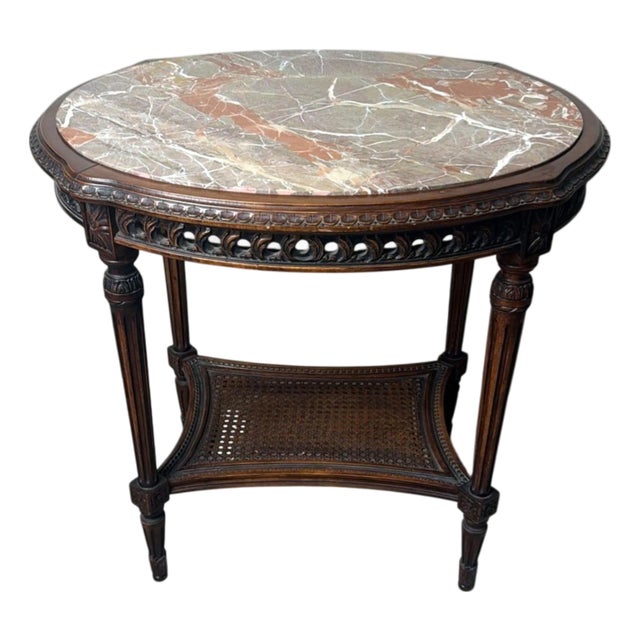 Early 20th Century Neoclassical Italian Walnut Side Table With Marble Top and Vienna Straw Shelf For Sale