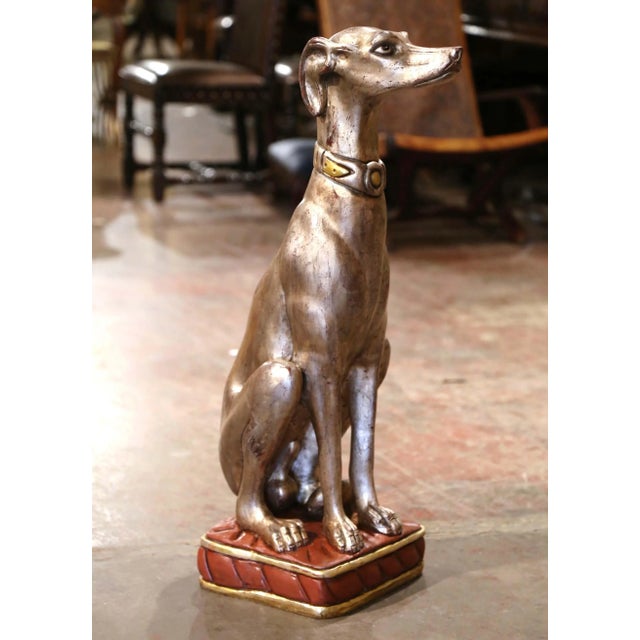 Mid 20th Century Vintage Italian Silvered Greyhound Dog Sculpture on Red Gilt Base For Sale - Image 5 of 11