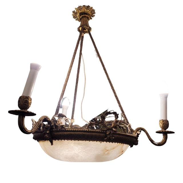 Early 20th Century Art Nouveau Ceiling Lam in Alabaster and Gilt Bronze, France, 1930s For Sale