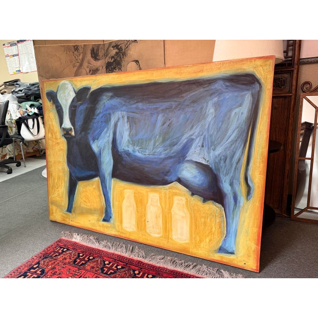 Suzanne Frazier Blue Cow Oil on Canvas Painting For Sale - Image 9 of 12