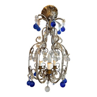 Pair Antique Victorian Chandelier With Amber and Cobalt Floral Crystal Pendants For Sale