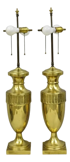 Vintage French Empire Neoclassical Gold Burnished Brass Urn Table Lamps - A Pair