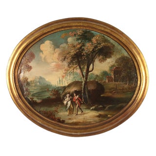 Oval Landscape with Figures, Oil on Canvas, 19th Century-20th Century, Framed For Sale