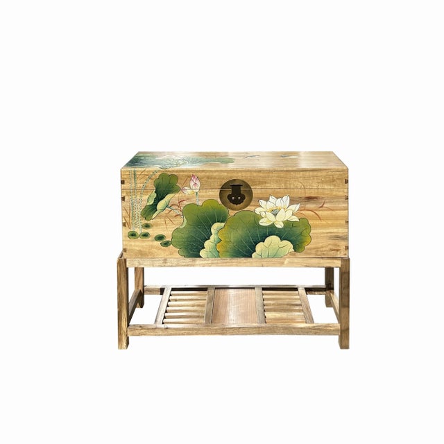 Chinese Chinese Lotus Green Leaf Tan Color Rectangular Wood Trunk on Stand For Sale - Image 3 of 7