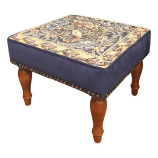 Birds & Acanthus Upholstered High Stool - Blue For Sale