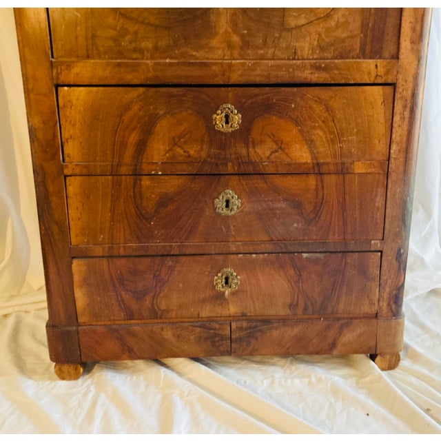 Wood Antique French Louis Philippe Secretary in Walnut With Marble Top Leather Gilt Embossed Writing Surface For Sale - Image 7 of 11