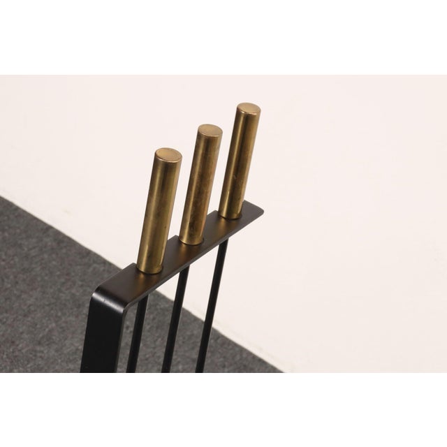 Vintage Modernist Iron and Brass Fireplace Tool Set With Brush, Shovel and Poker For Sale - Image 13 of 17