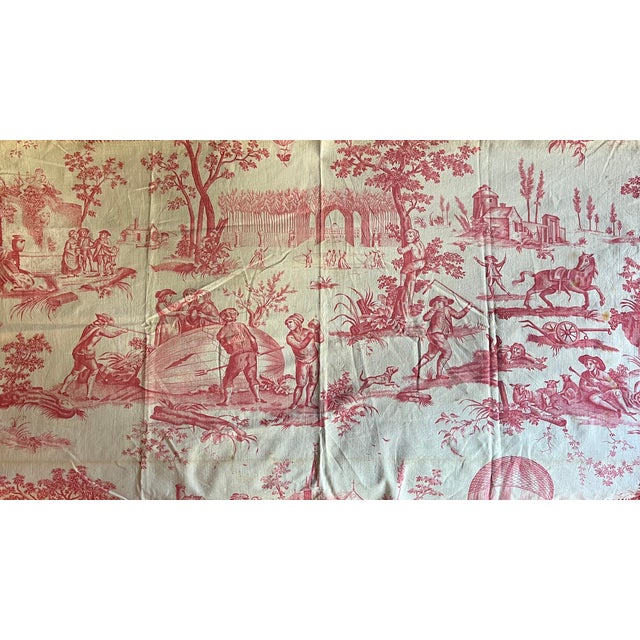 Antique French red and white Toile de Jouy fabric panel decorated with country scenes of farmers, horses, sheep and...