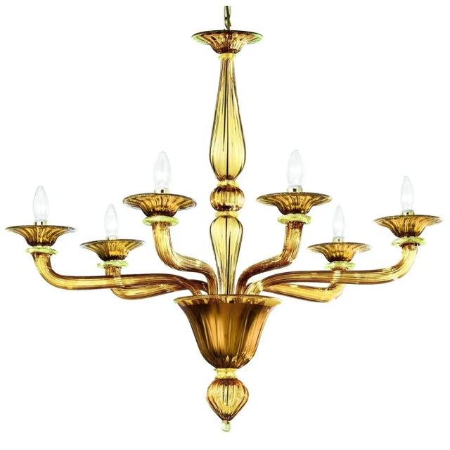 Handcrafted Contemporary Amber Murano Glass Linear Rigadin Chandelier For Sale - Image 4 of 5