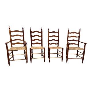 Early 20th Century Four Early American Style Cherry Ladderback Rush Seat Dining Chairs - Set of 4 For Sale