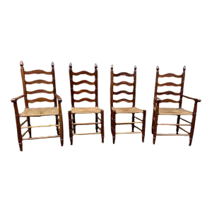 Early 20th Century Four Early American Style Cherry Ladderback Rush Seat Dining Chairs - Set of 4