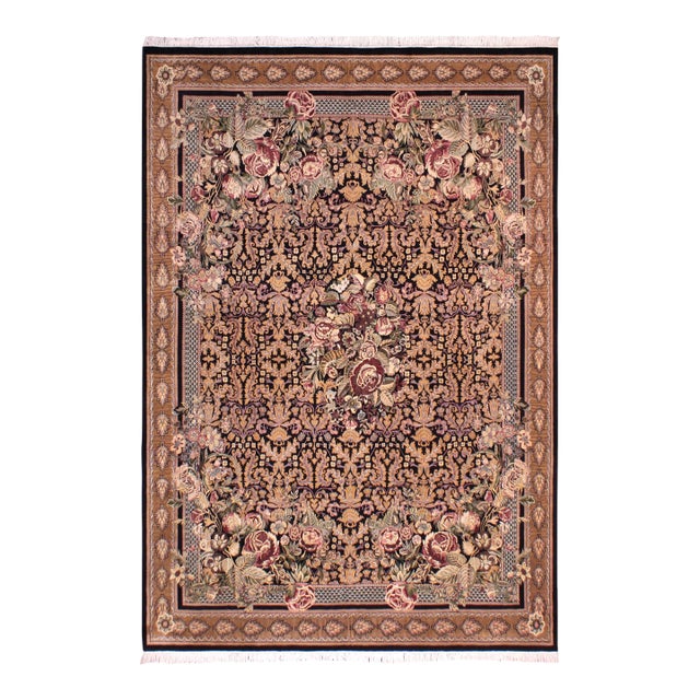 Art Nouveau 1990's Floral Pak-Persian Black/Brown Wool Rug - 9'2'' X 12'2'' For Sale