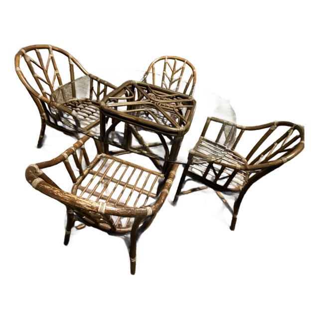 Early 20th Century Set of Four McGuire Inspired Organic Modern Rattan Bamboo Dining Chairs and Matching Glass Top Table For Sale