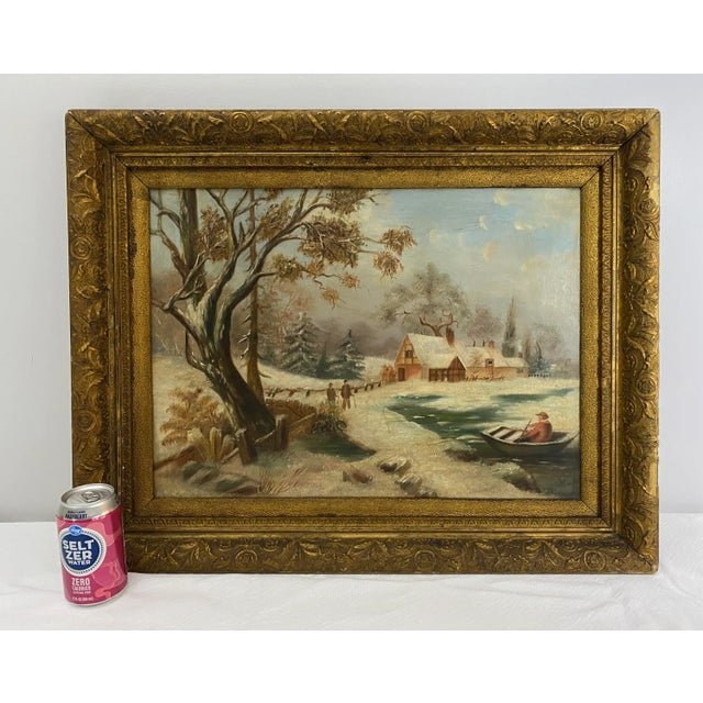Antique 19th Cen. Winter Scene Landscape Oil Painting For Sale - Image 11 of 12