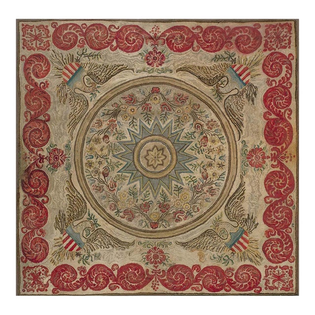1920s Gray Classic Medallion Antique American Hooked Cotton Rug Square Carpet For Sale