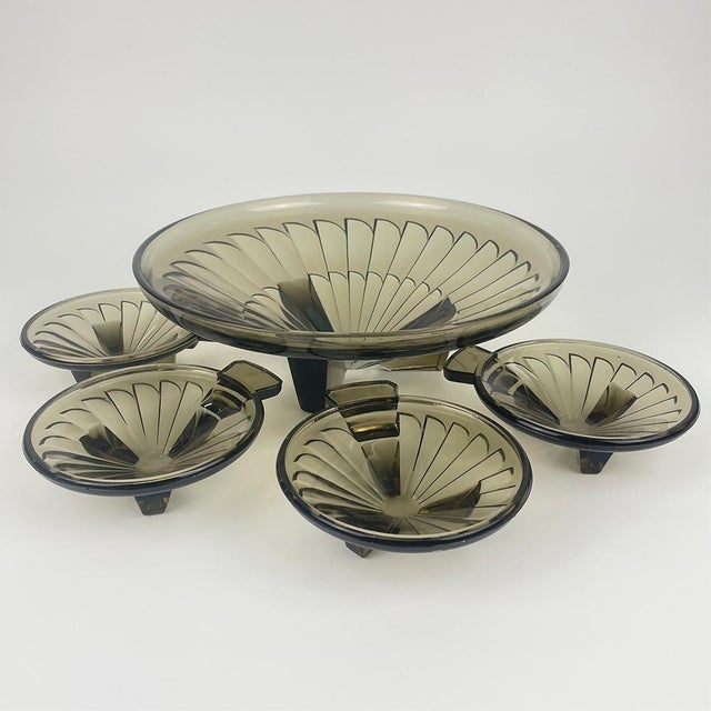 Glass Art Deco Dessert Service in Smoked Glass, 1930s, Set of 5 For Sale - Image 7 of 7