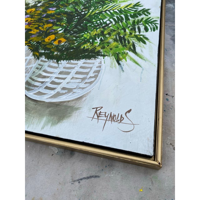 A monumental and vibrant vintage oil painting on canvas titled Three Botanical Baskets by American artist Lee Reynolds...