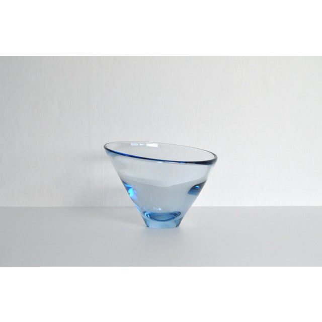 Hand blown Aqua blue "Thule" glass bowl. The shape is conical with the leading edge lower than the back edge. The piece is...
