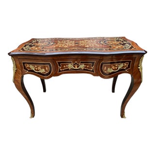Louis XV Italian Marquetry Writing Desk- Protective Glass Top For Sale