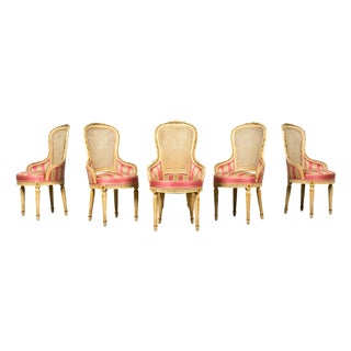 Set of 6 Early 20th Century French Louis XVI Cane Dining Armchairs in Pink Stripe For Sale
