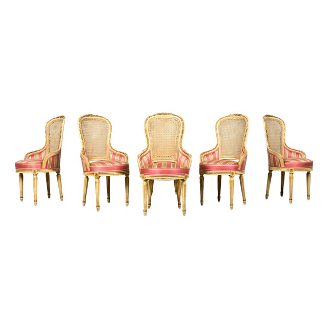 Set of 6 Early 20th Century French Louis XVI Cane Dining Armchairs in Pink Stripe For Sale
